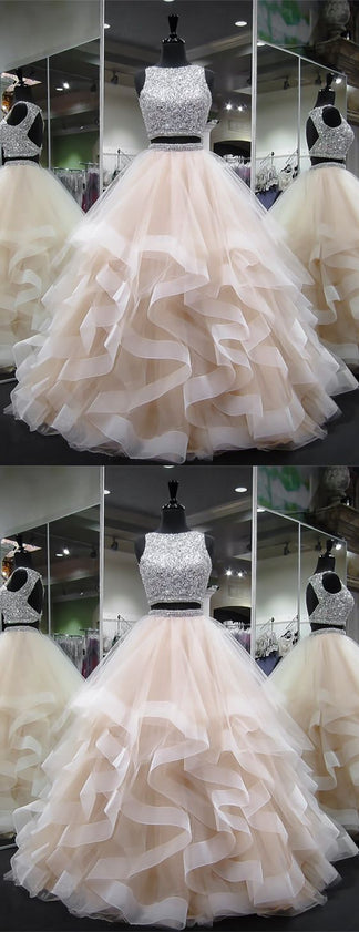 Dazzling Crop Top Princess Ruffles Skirt Two Piece Prom Dress Long Ball ...