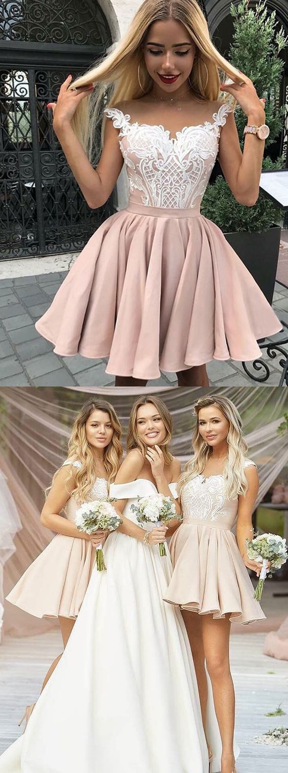 Off Shoulder Dusty Pink Short Midi Length Bridesmaid Dresses