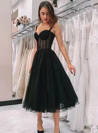 Elegant Black Polka Dot See Through Tulle Short Wedding Dress