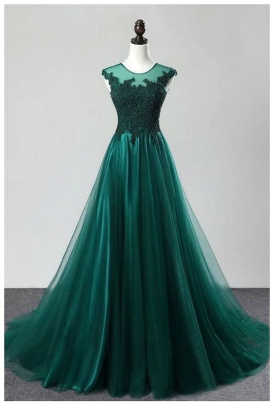 Emerald Green Lace Top Off Shoulders Satin Ball Gown Prom Dress