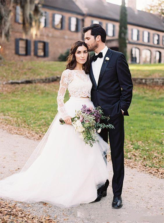 Long sleeve wedding dress with tulle skirt hotsell