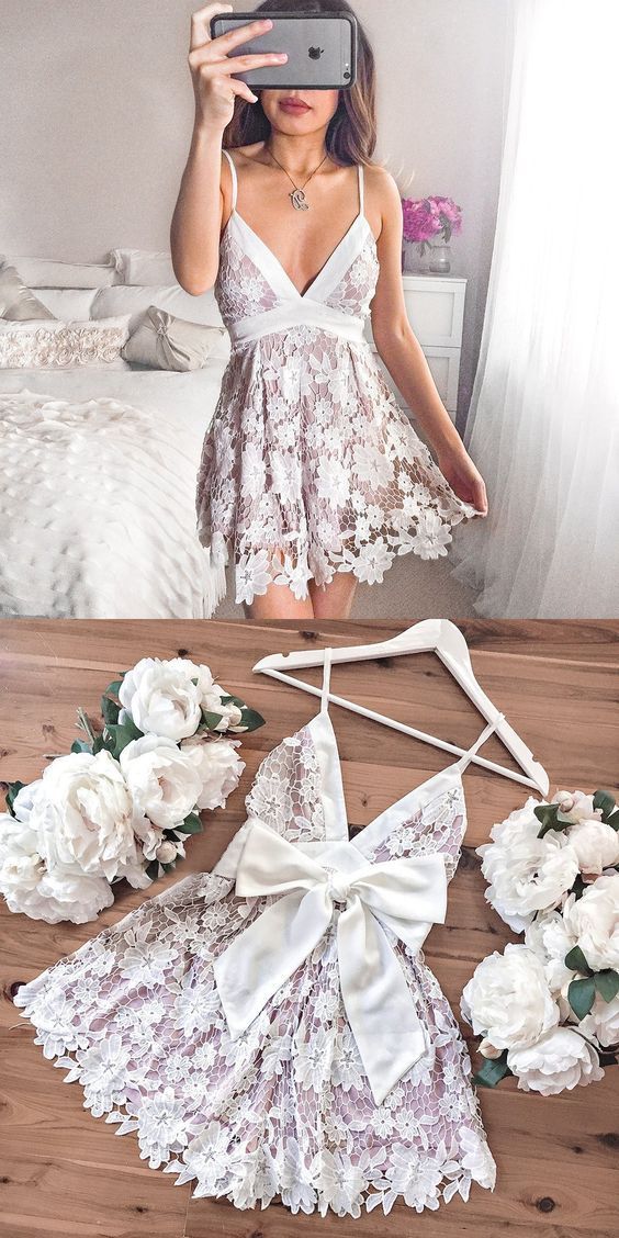 Lace Short Homecoming Dress | White Semi Formal Dress | Graduation Dress