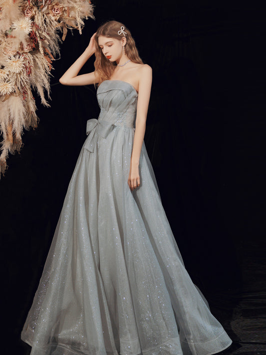 Glitter Strapless Gray Long Prom Dress - DollyGown