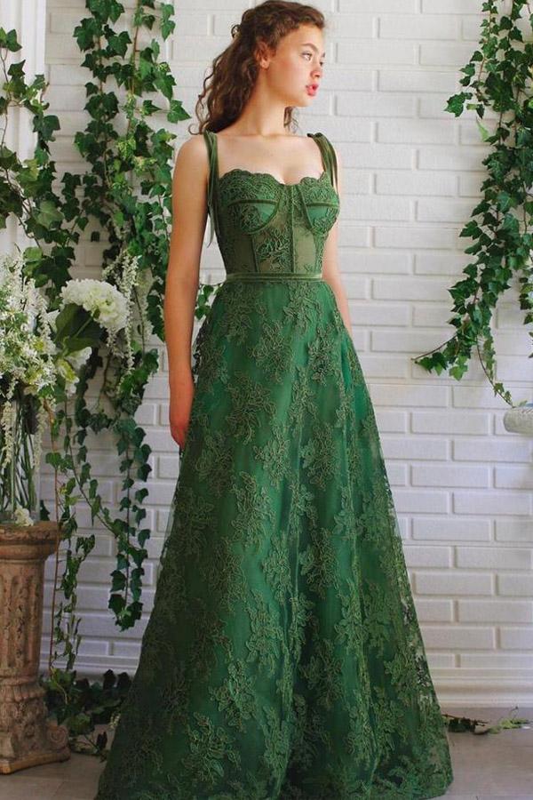 Green lace store prom dress