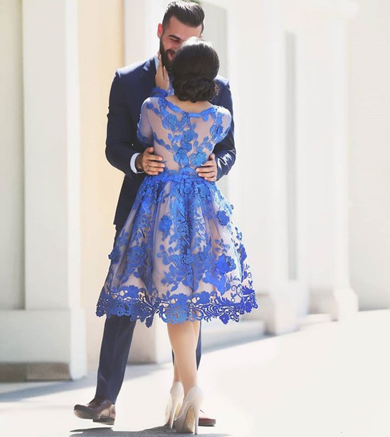 Short Royal Blue Lace Homecoming Dress | Short Prom Dress with Long Sleeves