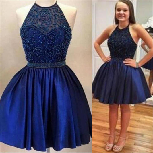 Navy Homecoming Dress Freshman Short Homecoming Dress Halter Homecoming Dress SSD018-Dolly Gown