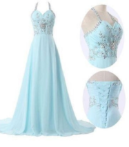 Halter Light Blue Prom Dress Long Chiffon Evening Dresses for Weddings MA072-Dolly Gown