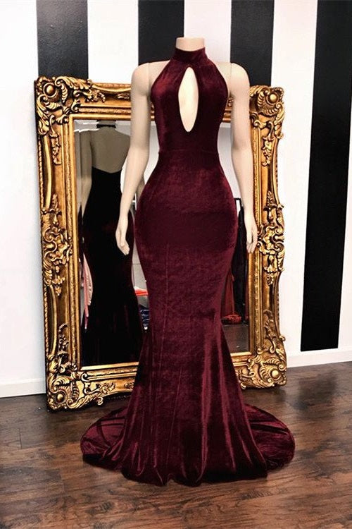 Halter Velvet Maroon Mermaid Wedding Guest Dress - DollyGown