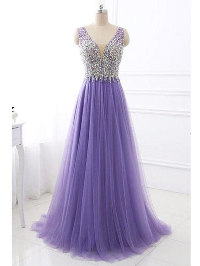 Lavender Tulle A-line Prom Dress Long Formal Dress for Wedding