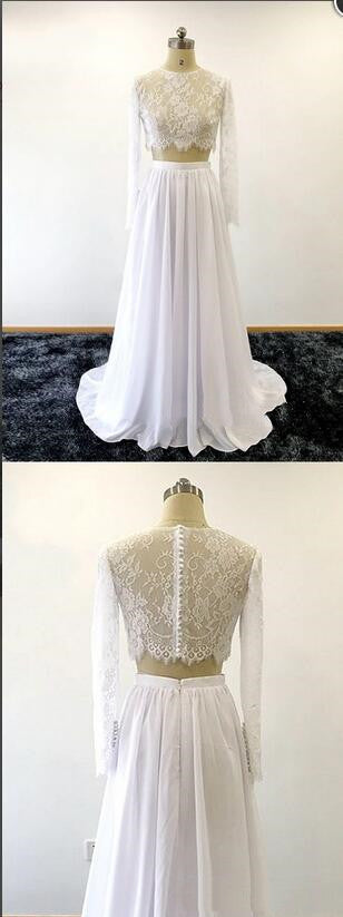 Long Sleeve See Through Lace Crop Top Bridal Separates with Chiffon Skirt 20082558-Dolly Gown