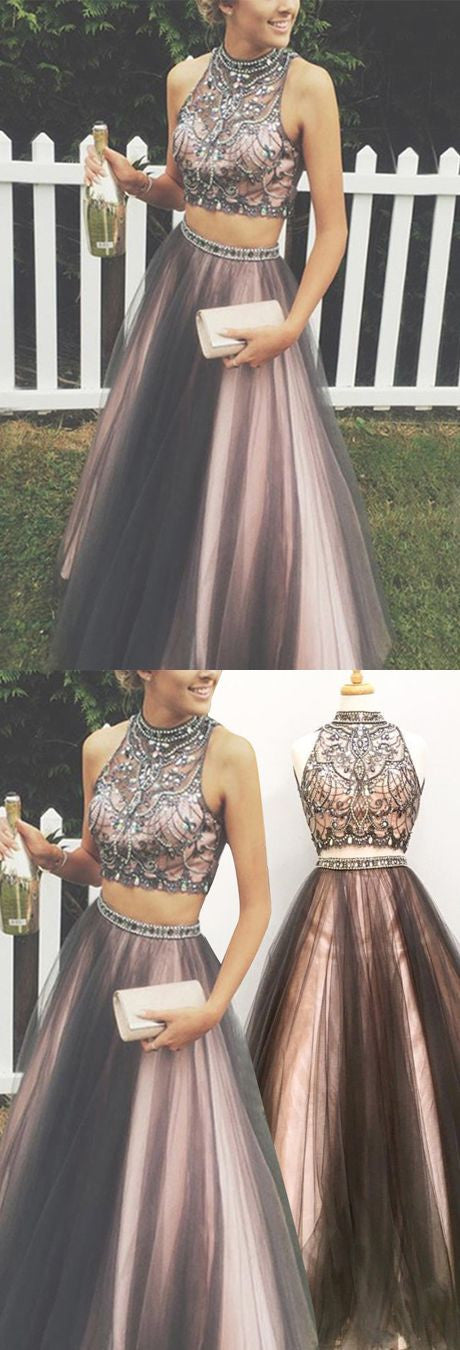 two piece rose gold prom dress