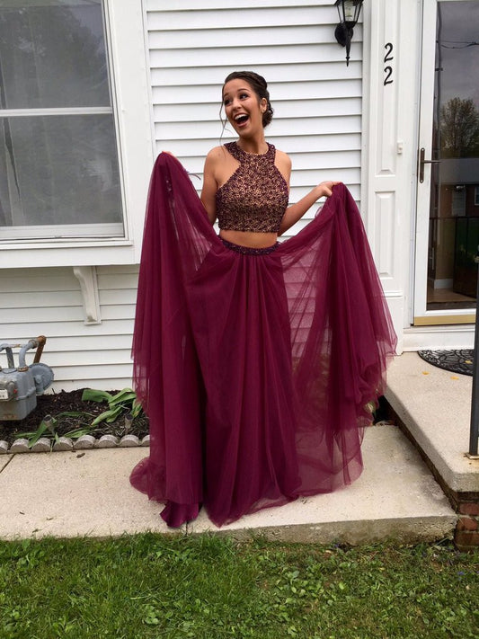 Two Piece Long Prom Dresses,Long Crop Top Formal Dresses