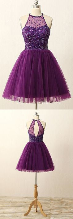 Juniors Halter Sleeveless Applique Beaded Short Homecoming Dresses with  Pockets Lavender Size 8