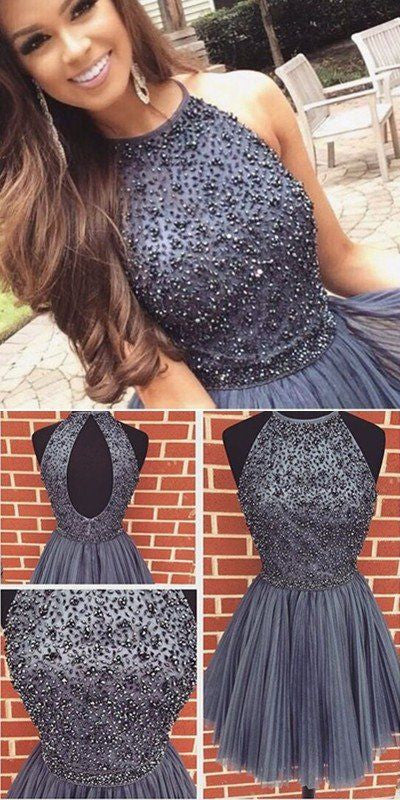 Grey Short Bead Homecoming Dress with Open Back 8th Grade Graduation Dress Knee Length