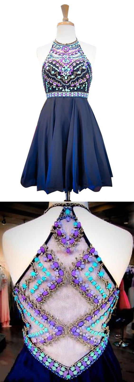 Navy Blue Homecoming Dress Short Beaded Prom Dress for Teens