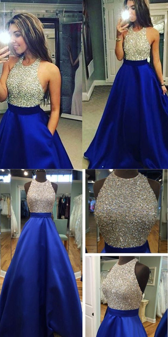 Graduacion Halter Royal Blue Bead Formal Dress with Pockets