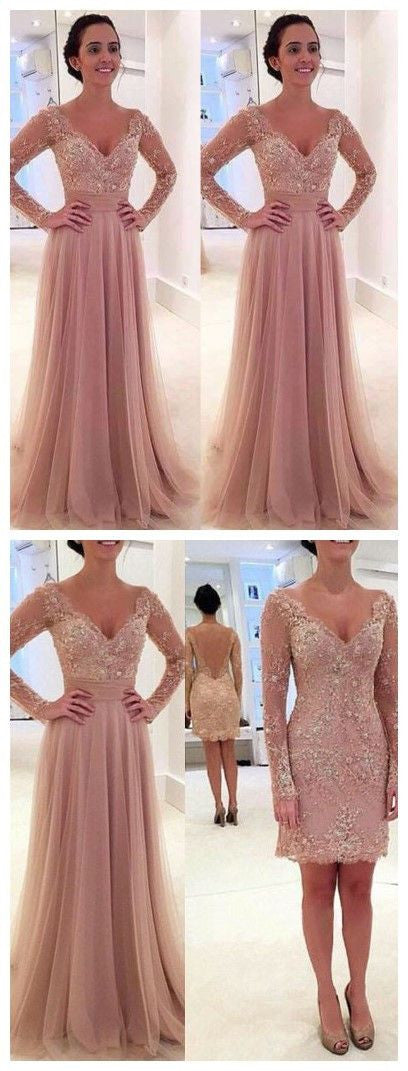 Dusty Pink Prom Dress, Prom Dress With Detachable Train, Long Sleeve Prom Dress ,Long Prom Dress,MA078-Dolly Gown