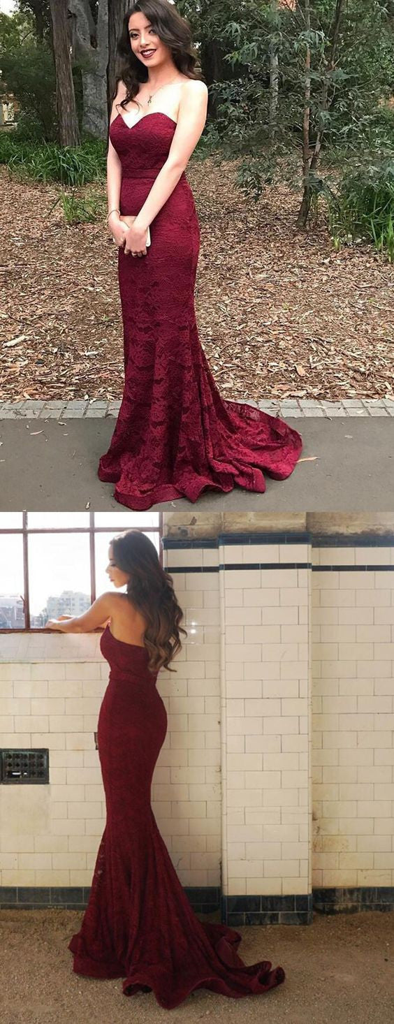 Burgundy lace best sale mermaid dress