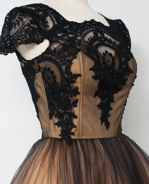 2024 Black Lace Short Vintage Prom Dress with Cap Sleeves