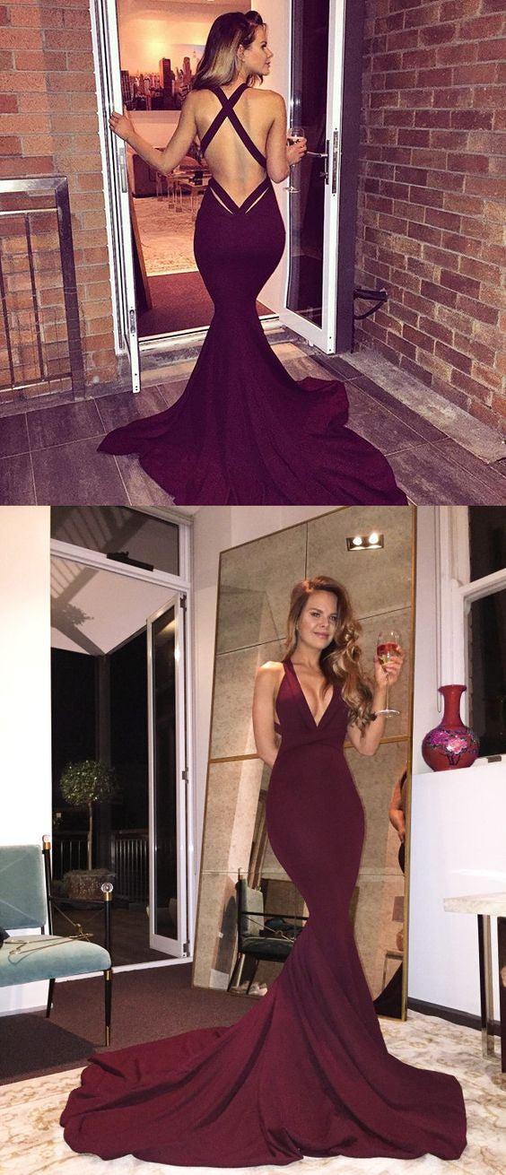 Mermaid Halter Neck V-Plunge Burgundy Fitted Prom Dress