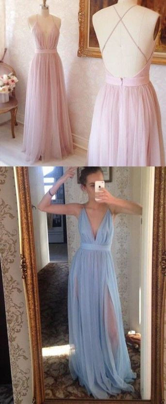 Plunge V neck Long Pink Prom Dress Tulle Prom Dress Backless Prom Dress 2021,MA191-Dolly Gown