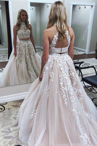Modest Teens Long Prom Dress Freshman Two Piece Lace Tulle Formal Dress