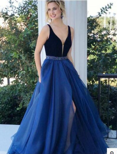Navy Blue Slit Organza Prom Dress Graduation Dress with Beading Belt,G ...