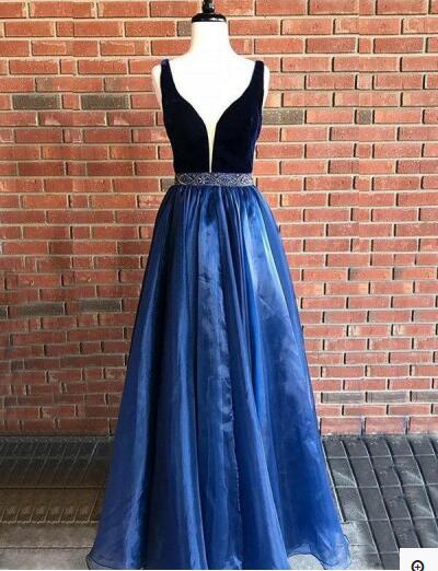 Navy Blue Slit Organza Prom Dress Graduation Dress with Beading Belt,G ...