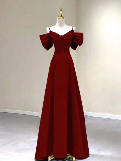 Burgundy Satin Spaghetti Strap Off The Shoulder Prom Dress - DollyGown