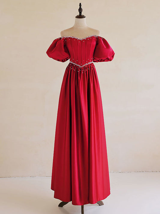 Red Drop Waist Satin Long Prom Dress with Bubble Sleeves - DollyGown