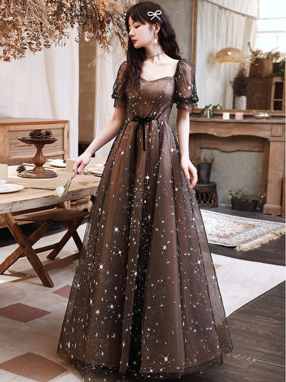 Black Square Neck A-line Long Prom Dress Formal Dress with Short Sleeves - DollyGown