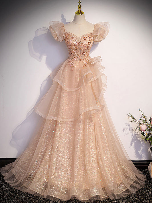 Asymmetrical Queen Anne Neck Champagne Lace Prom Dress - DollyGown