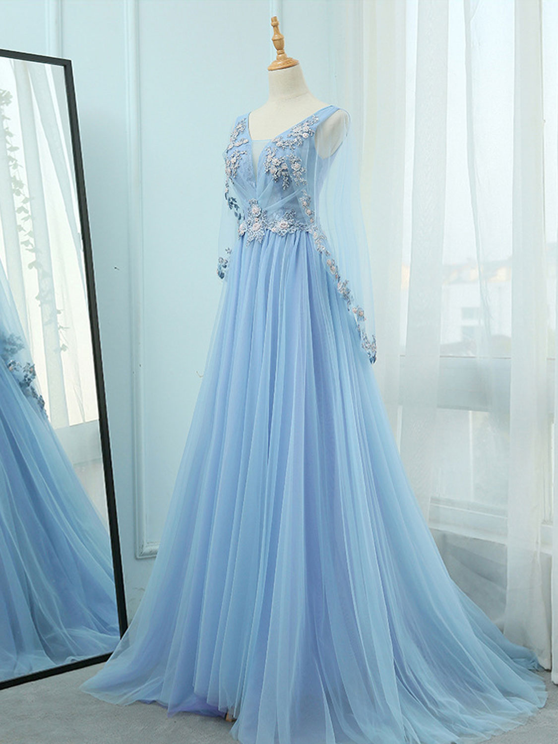 Sky Blue V Neck A line Long Prom Dress with Long Sleeves