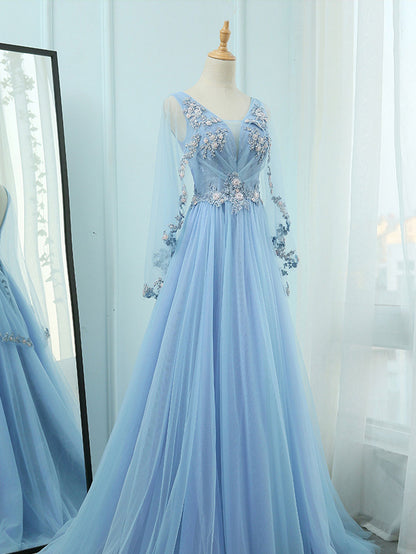 Sky Blue V Neck A-line Long Prom Dress with Long Sleeves - DollyGown