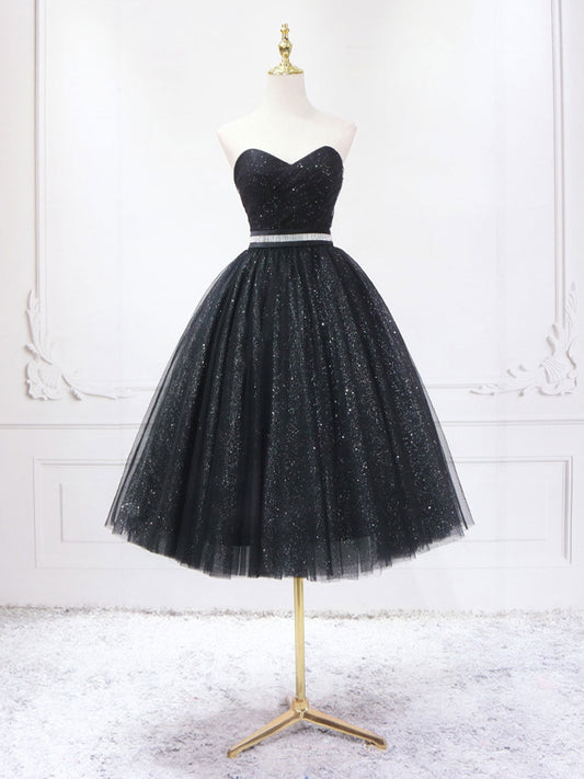 Delicate Black Strapless Tulle Short Prom Dress- DollyGown