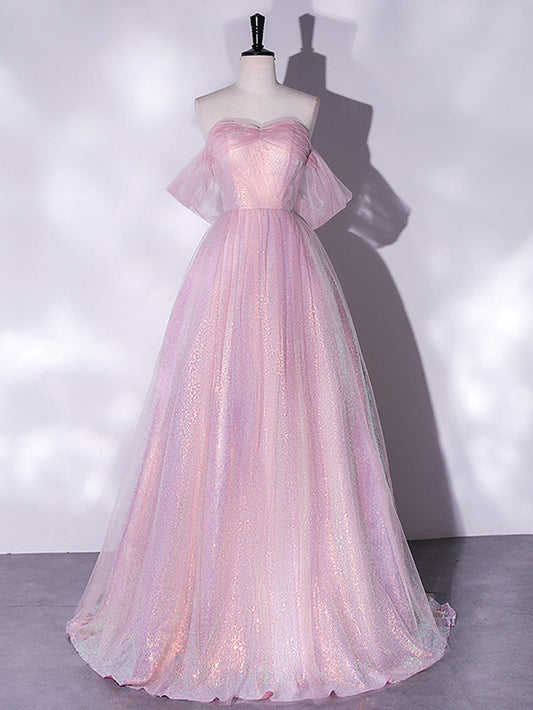 Sweet Off The Shoulder A-Line Pink Prom Dress - DollyGown