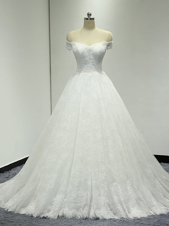 Off Shoulder Ball Gown Lace Wedding Dress with Handmade Flower at Back