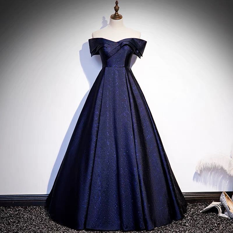 Navy blue prom dress off hot sale the shoulder