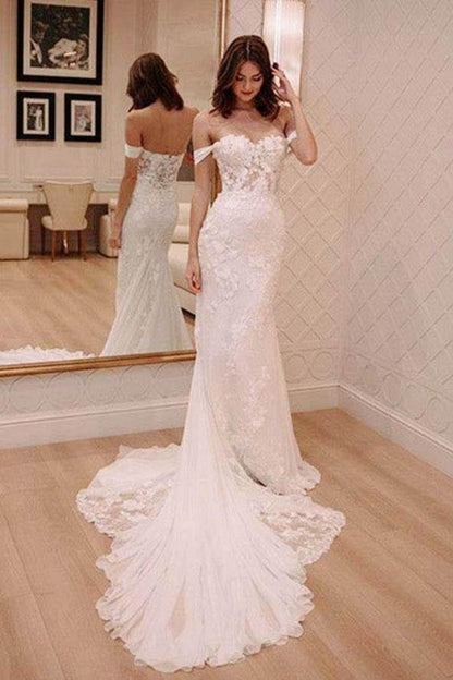 Shop Off the Shoulder See Through Sheath Lace Wedding Dress,Celebrity Wedding Dress,GDC1330-Dolly Gown