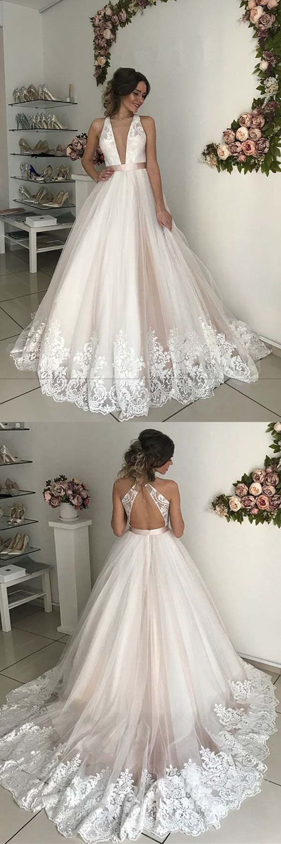 Open Back Plunge V neck Tulle Fall Wedding Dress Ball Gown with Lace Hem