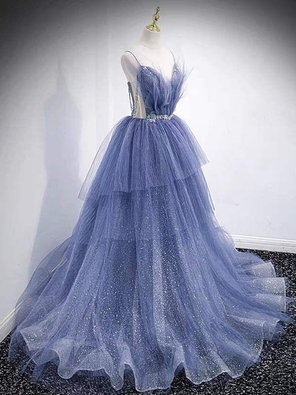 Princess Ball Gown Dusty Blue Tiered Prom Dress