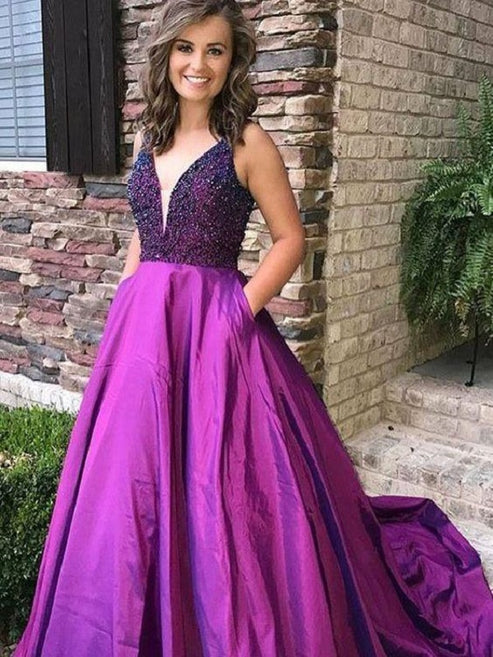 Purple Teens Ball Gown Plunge V neck Beading Prom Dress with Pockets ...