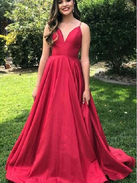 Red Occasion Spaghetti Straps A line Simple Long Prom Dress,GDC1117