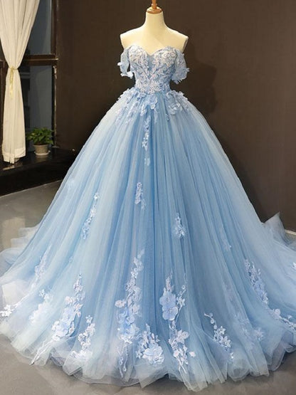 Romantic Blue Off the Shoulder Tulle Lace Appliques Ball Gown for Prom ...