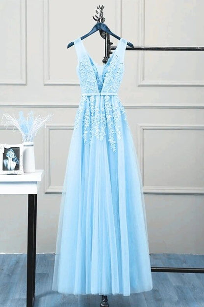 Romantic Tulle Lace V Back Sky Blue See Through Prom Dress Formal Dress