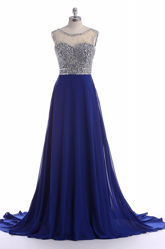 Flowy Royal Blue Chiffon Evening Dress Long Prom Dress - Dollygown