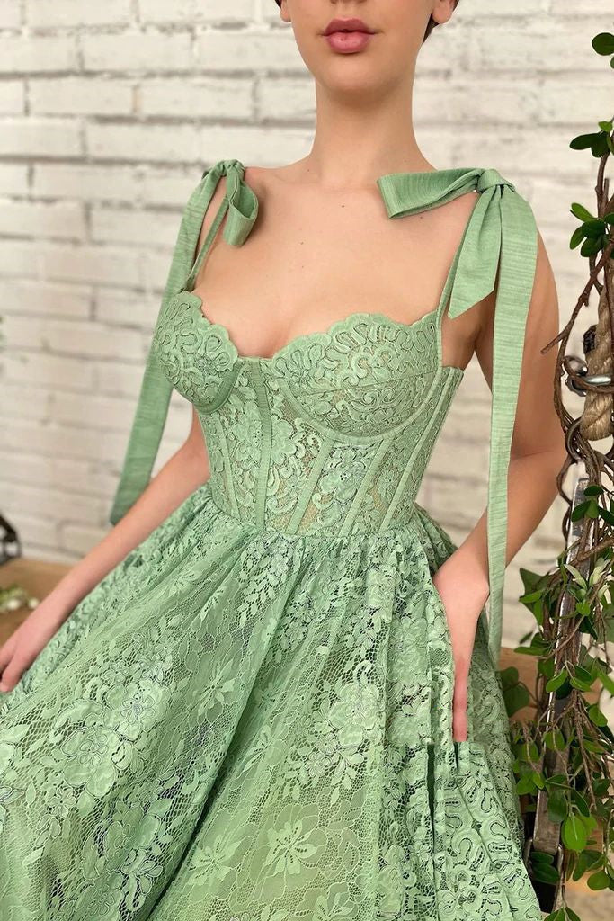 Sage Green Tea Length Lace Corset Wedding Guest Dress Prom Dress