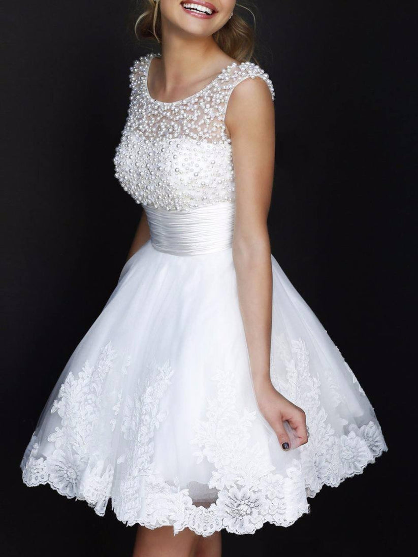Short White Simple Wedding Dress Decorated with Pearls Bead Top