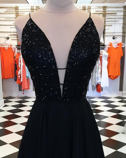 A Line V neck Long Sleeves Black Sparkly Prom Dress Short Homecoming Dress  QH2494