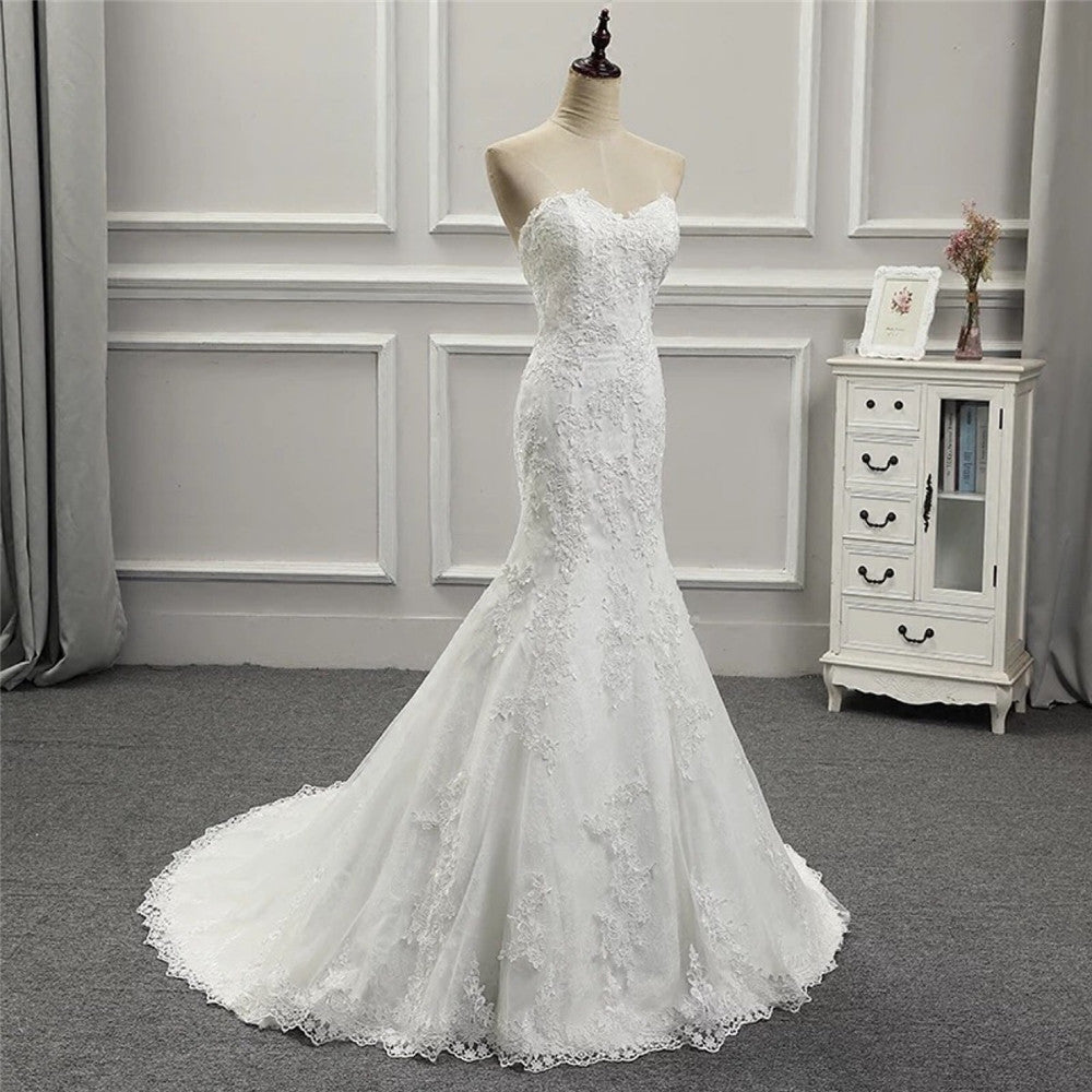 Sweetheart Fit and Flare Lace Wedding Dress Mermaid Strapless Bridal ...